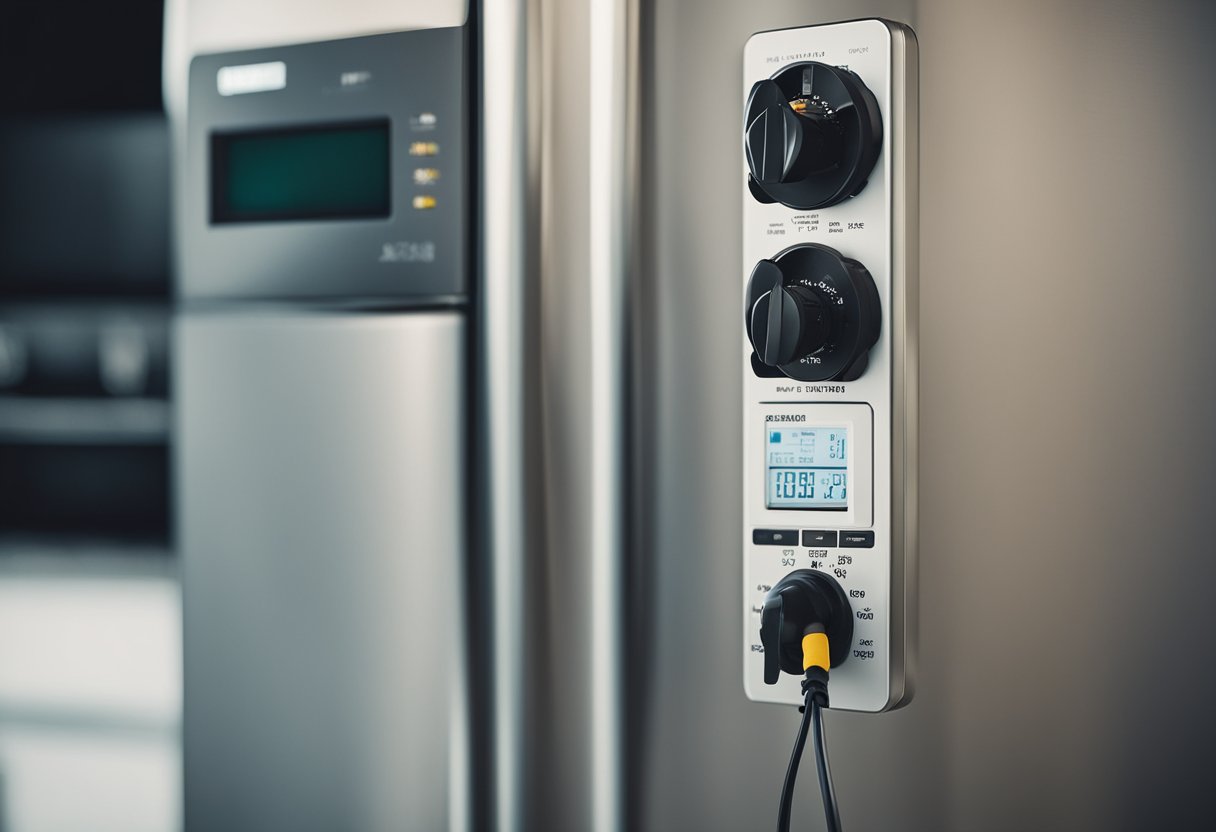 A refrigerator plugged into a power outlet with a wattmeter measuring its power consumption