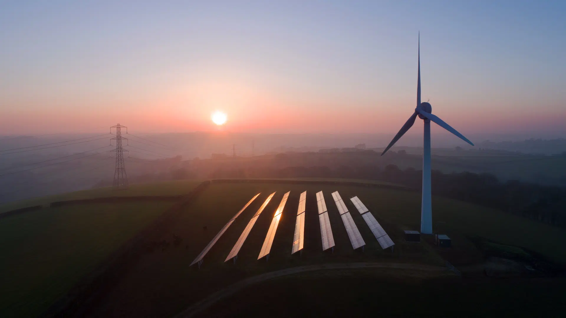 Solar panels and wind turbines in field